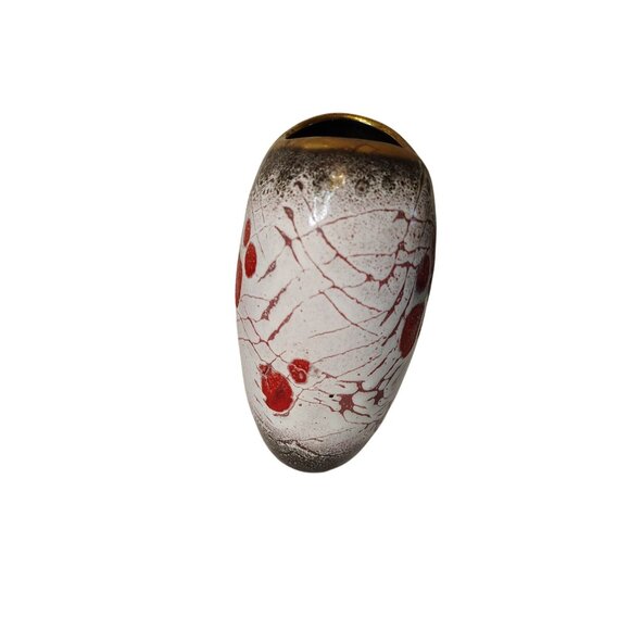 Vintage West German Lava Pottery Vase Planter, Red White Splatter Gold Trim MCM - Picture 6 of 7